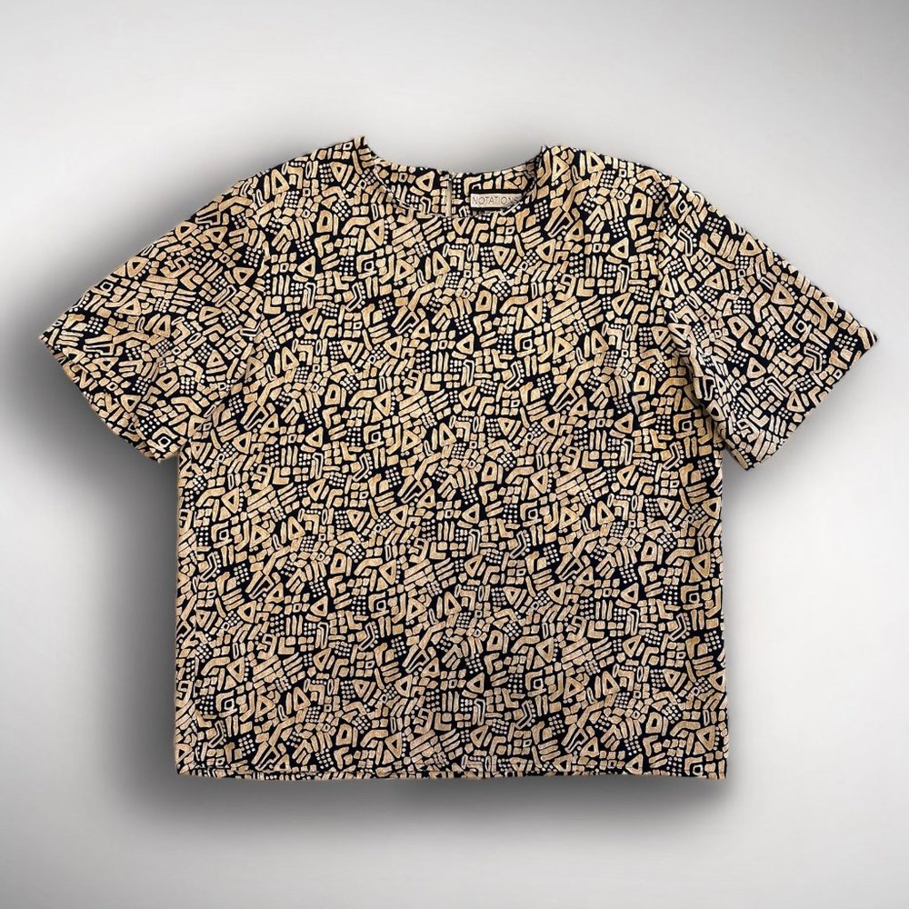 vintage 90s abstract print blouse sz L short sleeve boxy flowy beige & navy